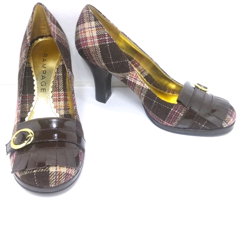 RAMPAGE Retro Wool & Patent Front Buckle Pumps EUC